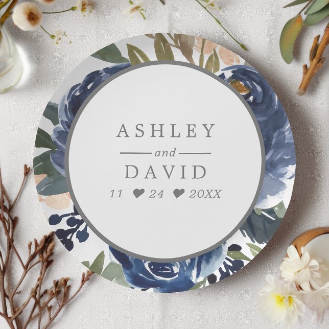 Navy Blue Floral Pattern Watercolor Wedding Paper Plate (Creator Uploaded)