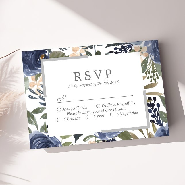 Navy Blue Floral Pattern Watercolor Wedding RSVP Card (Creator Uploaded)