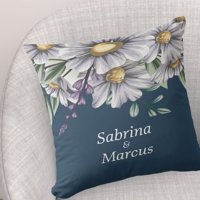 Navy Blue Floral Personalised Wedding  Cushion (Creator Uploaded)