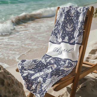 Navy Blue Floral Personalised William Morris Style Beach Towel