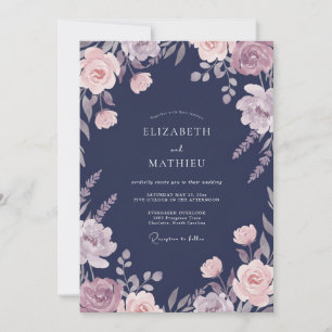 Navy Blue Floral Petal Wedding Invitation