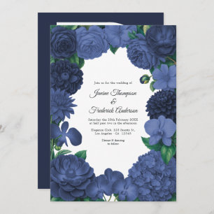 Navy Blue Floral Photo and QR Code Wedding Invitation