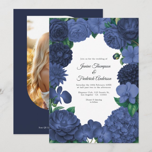Navy Blue Floral Photo and QR Code Wedding Invitation (Front/Back)