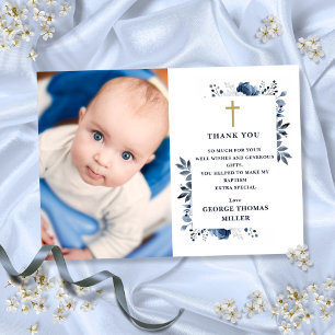 Navy Blue Floral Photo Baptism Christening Thank You Card