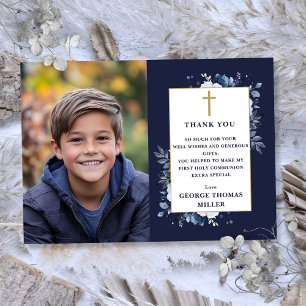 Navy Blue Floral Photo First Holy Communion Thank You Card