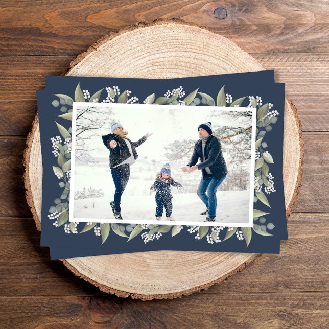 Navy Blue Floral Photo Happy Holidays  Holiday Card (Happy Holiday Custom Photo Card with winter greenery.)