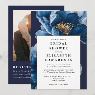 Navy Blue Floral Photo QR Code Bridal Shower Invitation