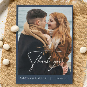 Navy Blue Floral Photo Wedding Thank You Card