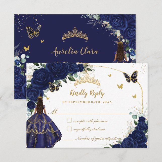 Navy Blue Floral Princess Dress Quinceañera XV 15 RSVP Card (Front/Back)