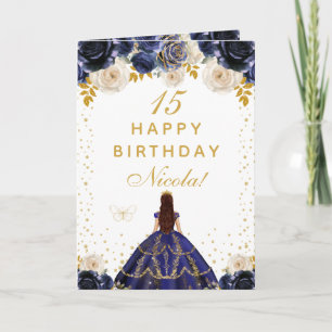 Navy Blue Floral Princess Happy Birthday Card