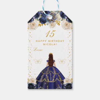 Navy Blue Floral Princess Happy Birthday Gift Tags