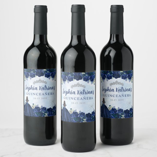Navy Blue Floral Princess Quinceanera Birthday Wine Label (Bottles)