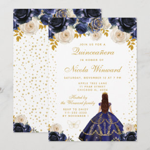 Navy Blue Floral Princess Quinceañera Invitation