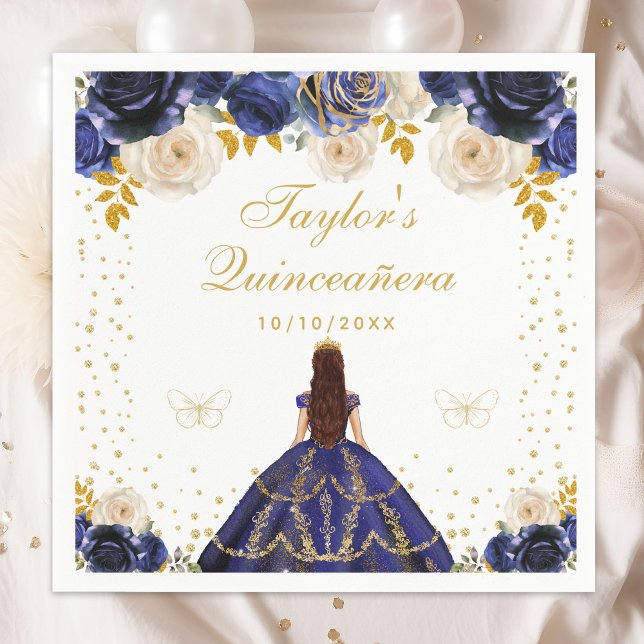 Navy Blue Floral Princess Quinceañera Napkin (Creator Uploaded)