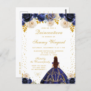 Navy Blue Floral Princess Quinceañera Postcard