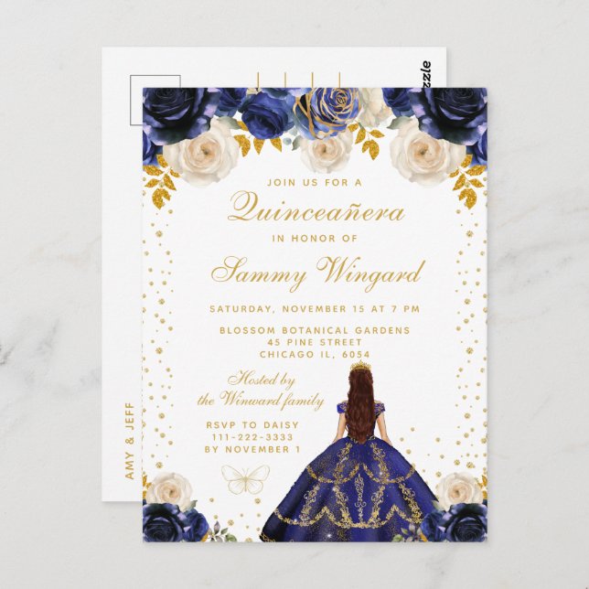 Navy Blue Floral Princess Quinceañera Postcard (Front/Back)