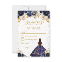 Navy Blue Floral Princess Quinceañera