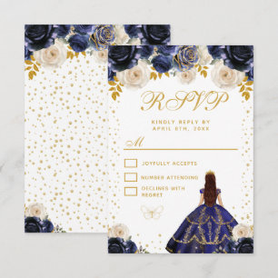 Navy Blue Floral Princess Quinceañera RSVP Card