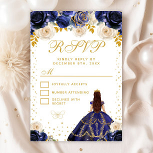 Navy Blue Floral Princess Quinceañera RSVP Card