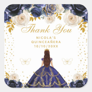 Navy Blue Floral Princess Quinceañera Square Sticker