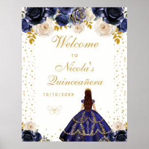 Navy Blue Floral Princess Quinceañera Welcome Poster