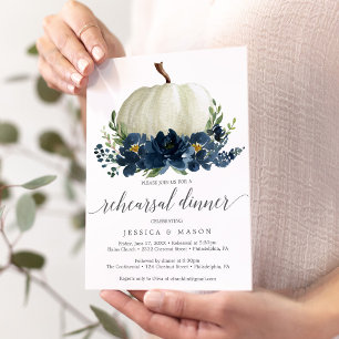 Navy Blue Floral Pumpkin Rehearsal Dinner Invitati Invitation