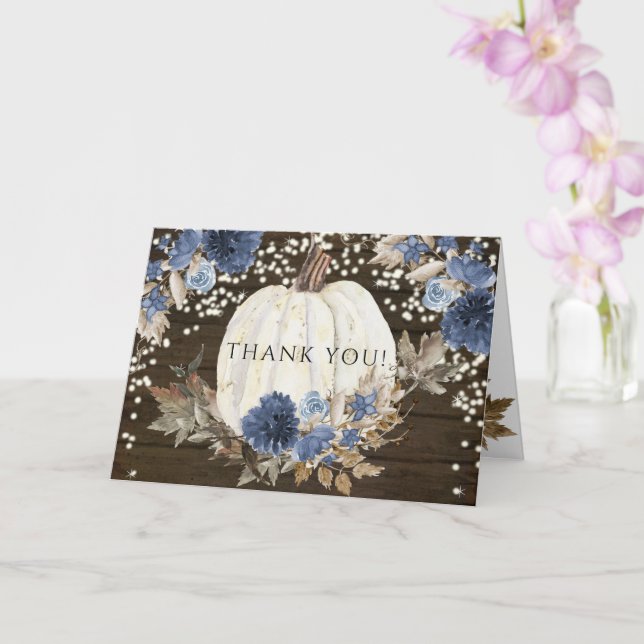 Navy Blue Floral Pumpkin Twinkle Lights Thank You Card (Orchid)