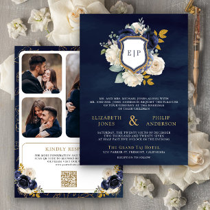 Navy Blue Floral QR Code Photo Crest Wedding Invitation