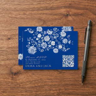 Navy Blue Floral QR Code Wedding Details Card