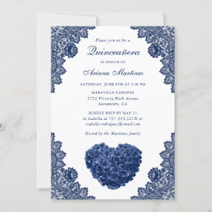 Navy Blue Floral Quinceañera 15th Birthday Invitation