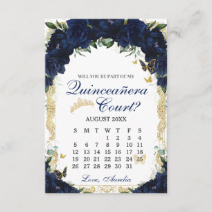 Navy Blue Floral Quinceanera Court Proposal Card