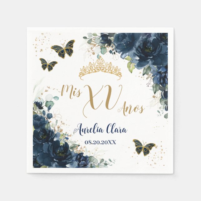 Navy Blue Floral Quinceanera Gold Butterflies Napkin (Front)