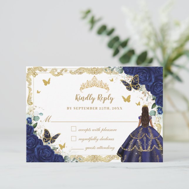 Navy Blue Floral Quinceañera Princess Crown Gold  RSVP Card (Standing Front)