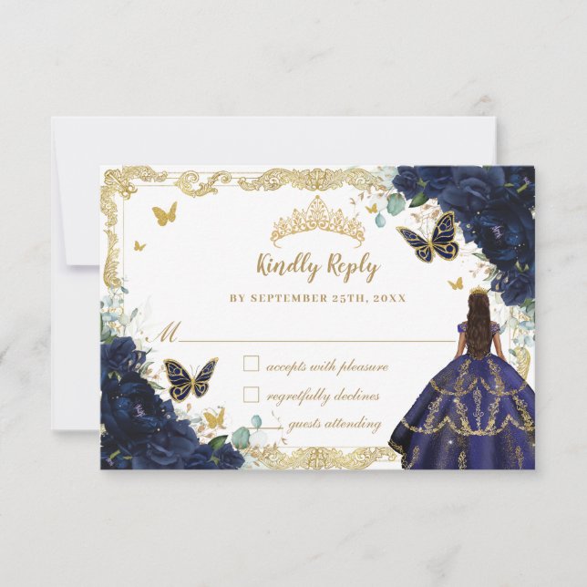 Navy Blue Floral Quinceañera Princess Dress Gold  RSVP Card (Front)