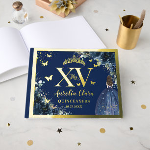 Navy Blue Floral Quinceañera Quince XV 15 Gold Guest Book
