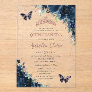 Navy Blue Floral Quinceañera Rose Gold Floral Acrylic Invitations