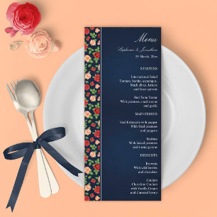 Navy Blue Floral Red & Burnt Orange Roses Wedding Menu