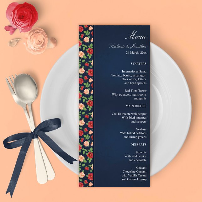 Navy Blue Floral Red & Burnt Orange Roses Wedding  Menu (Navy Blue Floral Red & Burnt Orange Roses Wedding Menu)