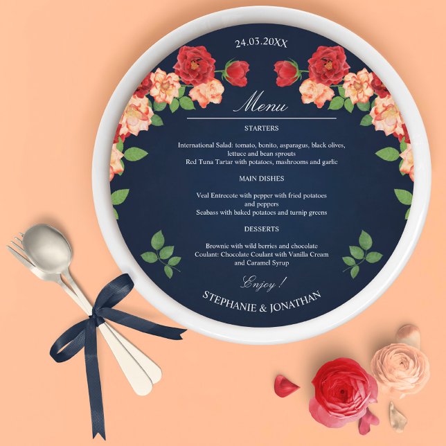 Navy Blue Floral Red Rose Round Wedding Menu Card (Navy Blue Floral Red Rose Round Wedding Menu Card)