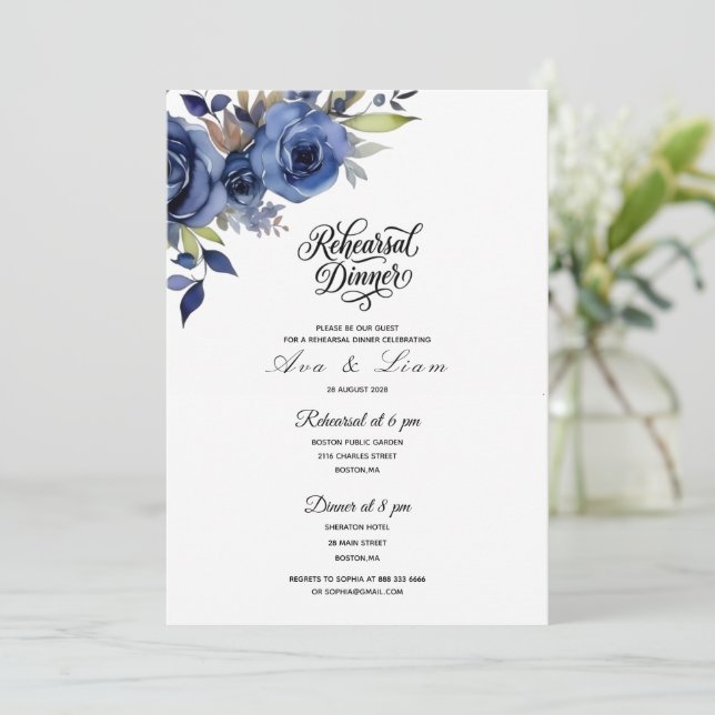 Navy blue Floral Rehearsal Dinner Invite (Standing Front)