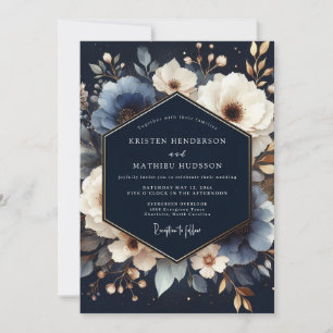 Navy Blue Floral Romance Wedding Invitation