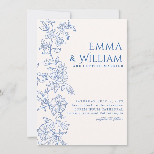 Navy blue floral romantic botanical Wedding Invitation (Front)