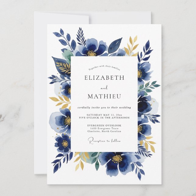 Navy Blue Floral Romantic Wedding Invitation (Front)