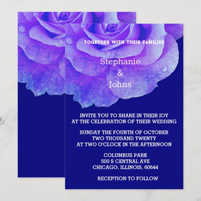 Navy Blue Floral Rose Flower Rustic Boho Wedding Invitation (Front/Back)