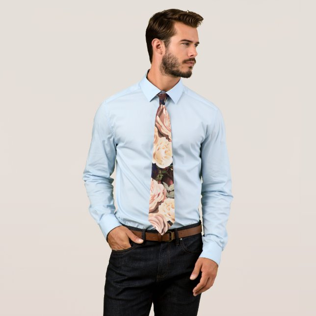 Navy Blue & Floral Roses Bold Flowers Tie (In Situ)