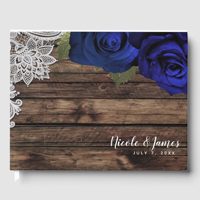 Navy Blue Floral Roses Rustic Wood Lace Wedding  Guest Book (Front)