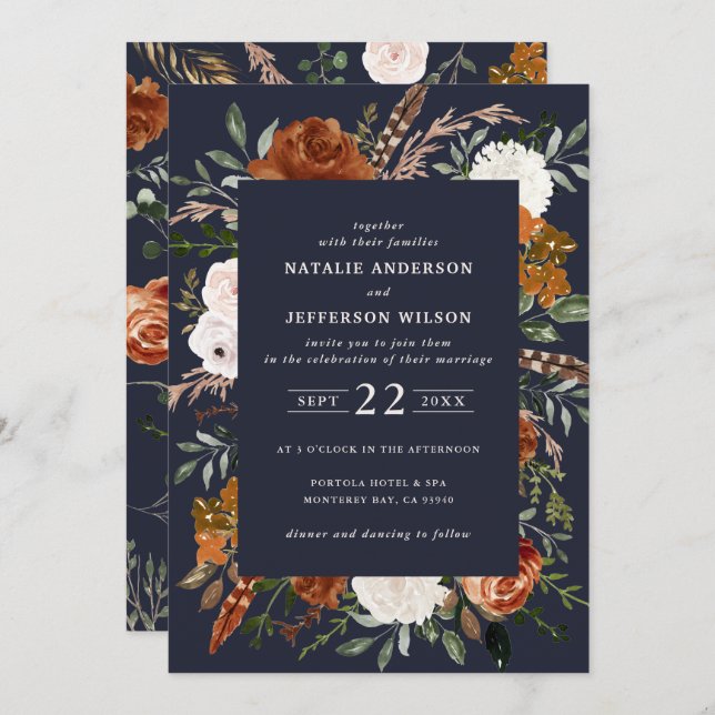 Navy blue floral rustic elegant modern invitation (Front/Back)