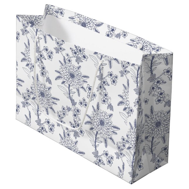 Navy Blue Floral Seamless Patterns Large Gift Bag (Front Angled)