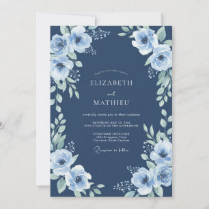 Navy Blue Floral Serenity Wedding Invitation
