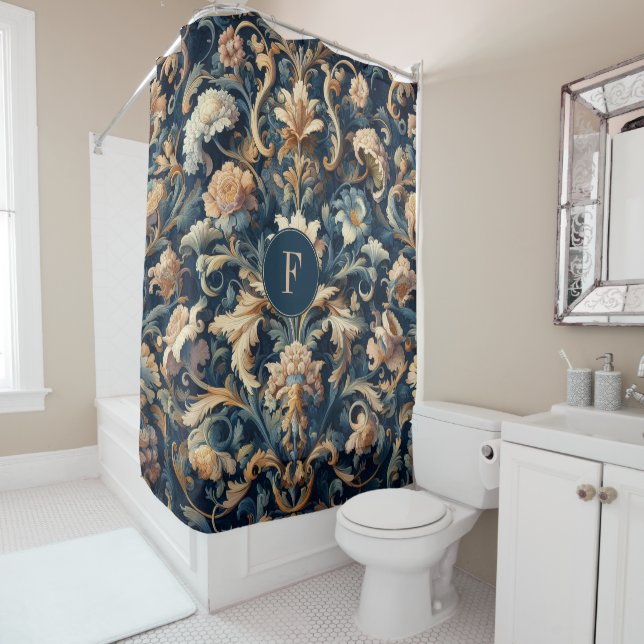 Navy blue floral shower curtain (In Situ)